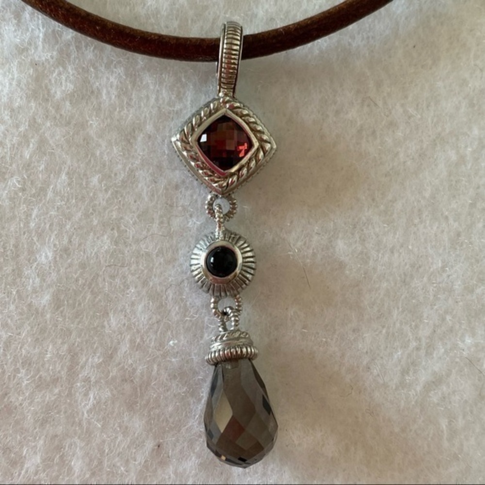 Judith Ripka 925 Silver Ruby Smokey Quartz Medallion Cord Necklace NWOT